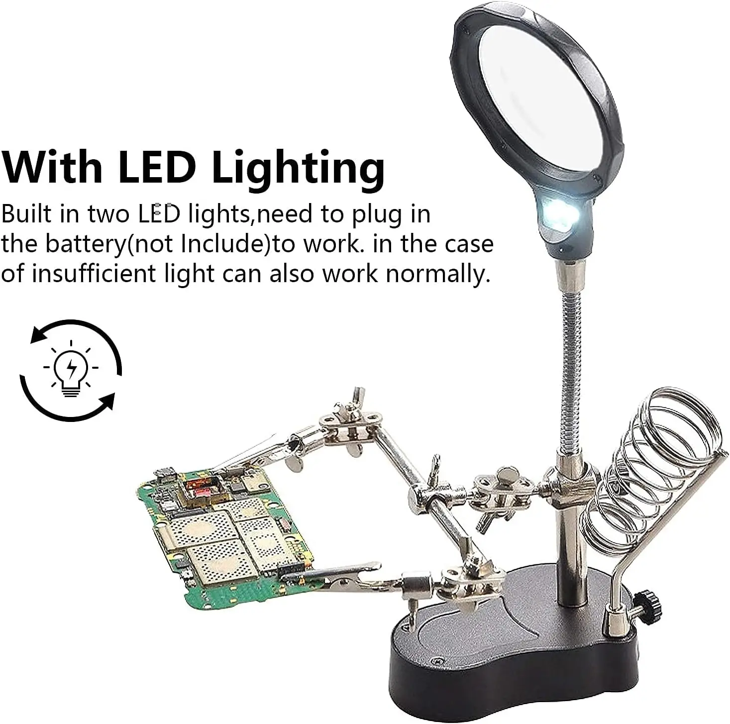Desktop Magnifying Glass Soldering Station Adjustable Helping Hands 3.5X 12X Magnifier with LED Light and Alligator Clips