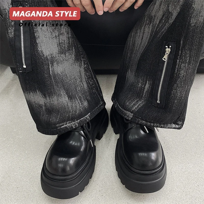 Original niche design, big toe lace up derby shoes, thick soled small leather shoes, men's height increasing 7cm leather shoes