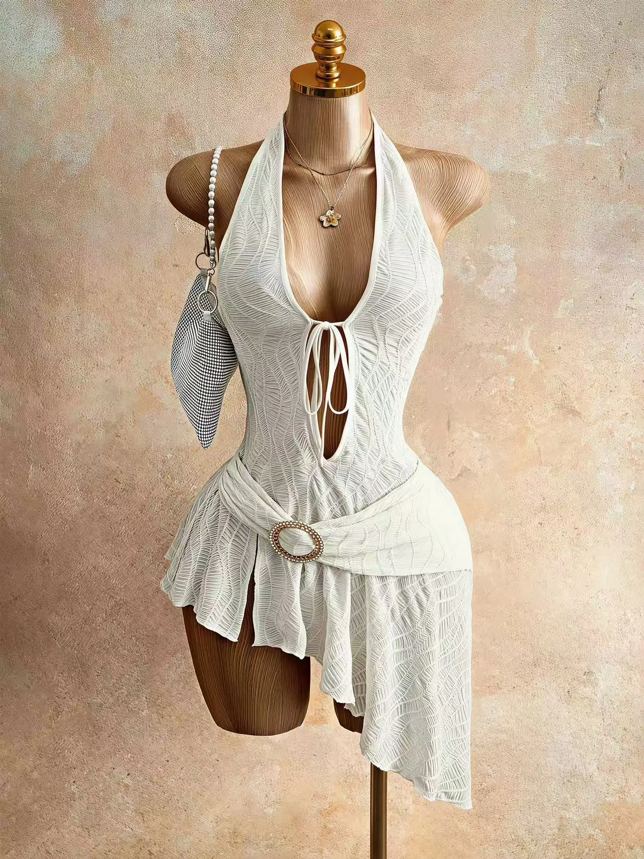 Summer Women Halter Sleeveless Bodycon Mini Dress Deep V Tie Front Rhinestone Belt Irregular Ruffle Hem Bar Club Y2K Dresses 1