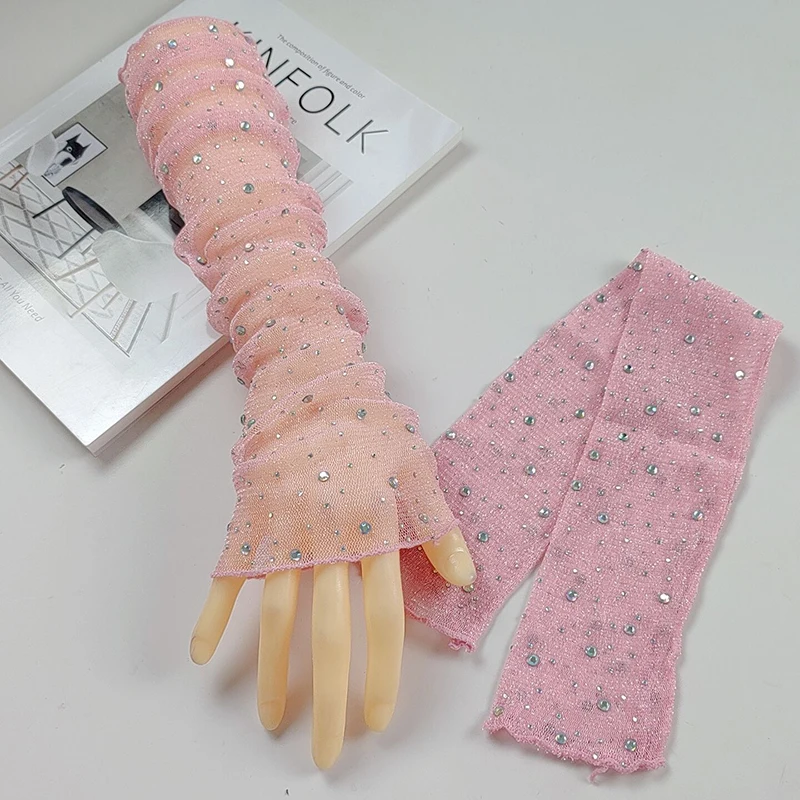 Sexy Silver Thread Flash Drill Half Finger Lace Gloves Summer Sunscreen Arm Sleeve Cosplay Nightclub Performance Long Mittens