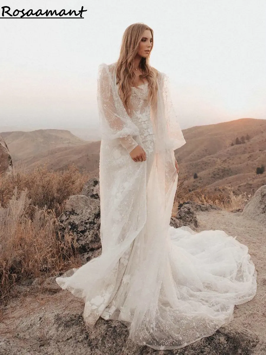 

Bohemian Detachable Sleeve Backless Mermaid Wedding Dresses 3D Flowers Appliques Lace Pearls Bridal Gowns