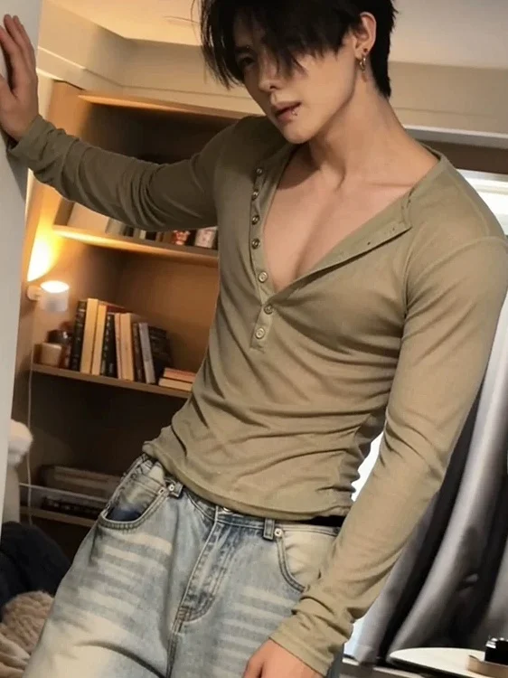 고탄성 헨리 셔츠 남성용 타이트핏 긴팔 경량 메쉬 커버업 티셔츠 통기성 청년 패션 봄 여름 가을