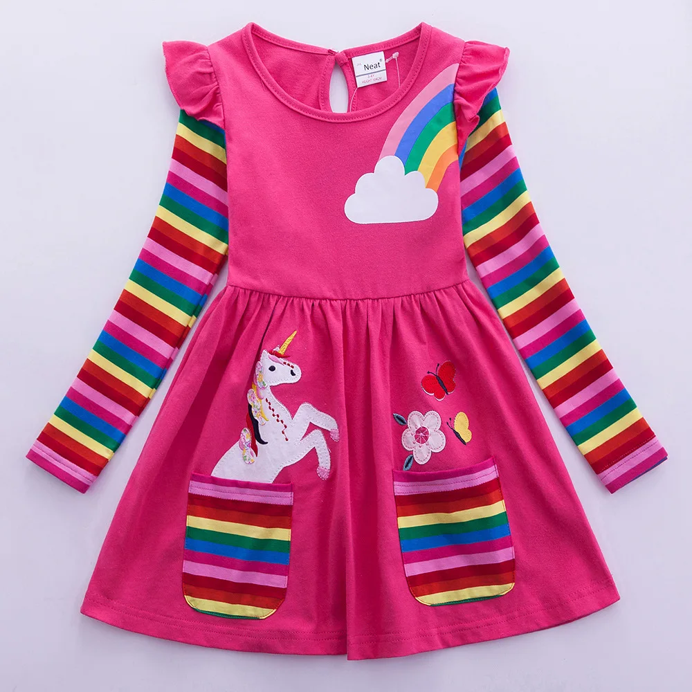 Girls-Long-Sleeve-Unicorn-Dress-Autumn-Embroidery-Two-Pockets-Rainbow ...