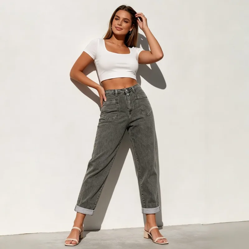 Jean évasé rétro ample en denim épais pour femme grande taille, style streetwear américain, décontracté et tendance