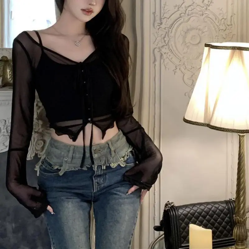 여성용 행잉 넥 얇은 자외선 차단 셔츠, 섹시한 매끈한 소녀 짧은 가디건 탑, 단색 슬림 긴팔 셔츠