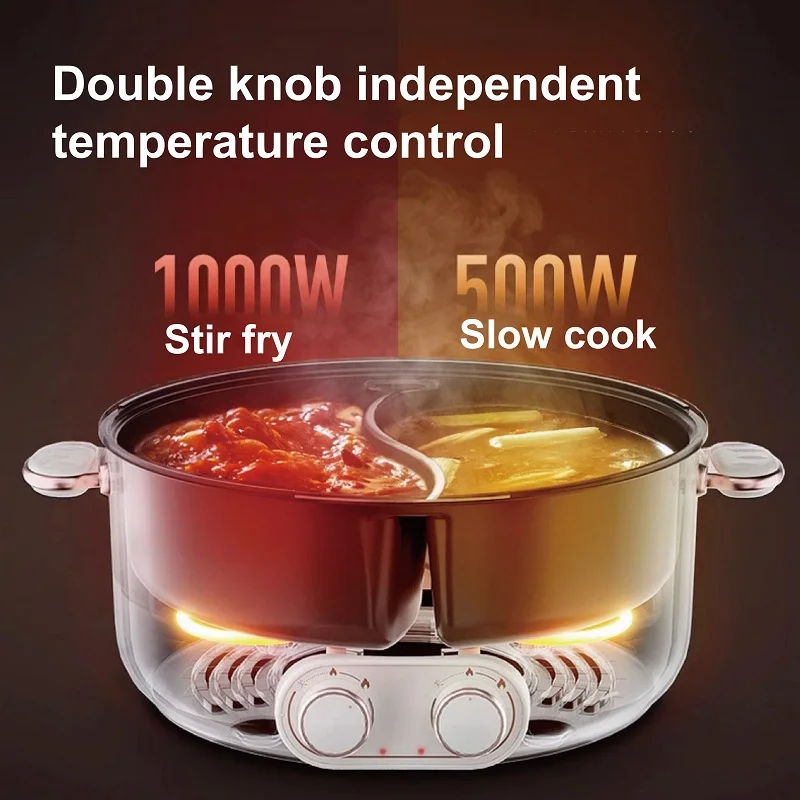 220V Yuanyang Electric Hot Pot Home Large Capacity 2 Gear Adjust Electric Wok Double Soup Pot Electric Cook Pot 4~5 People 6L 3