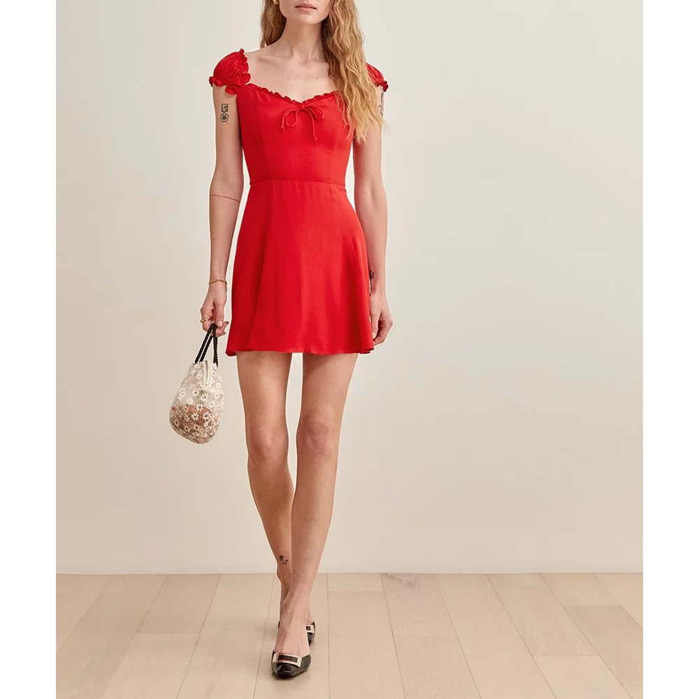 

Summer Dresses For Women 2022 Elegant Vintage Party Sexy Sweetheart Neck Short Puff Sleeve Red Fit And Flare Mini