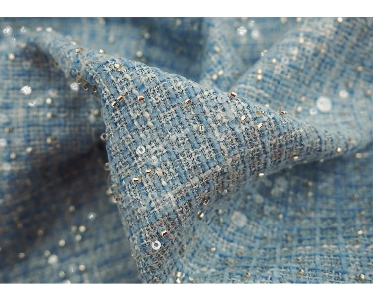 Heller babyblauer Pailletten-Tweedstoff, glitzernder Perlenstoff für Damenjacken, Röcke, Anzüge, DIY-Nähen, Designer-Material, mehrfarbig – Detail 4