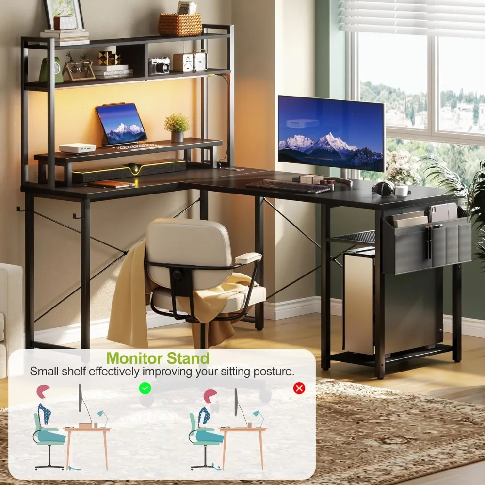 48" L-Shaped Gaming Desk with LED Lights, Power Outlets & Storage - Reversible Corner Desk for Home Office
