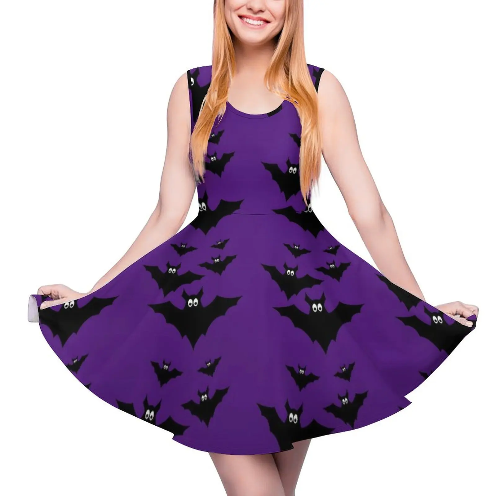 

Halloween Black Purple Dress Cute Flying Bats Casual Dresses Women Kawaii Skate Dress Summer Pattern Clothes Big Size