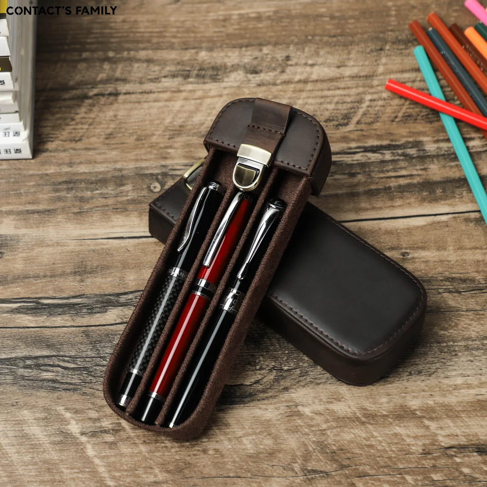Vintage Crazy Horse Leather Fountain Pen Case, 3 Pen Capacity, Coffee - View #10