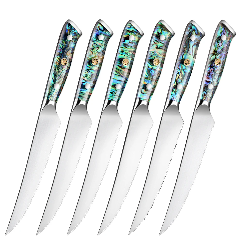 

High Quality Serrated Steak Knives Set Stainless Steel Sharp cutlery Knife Dinner Table Meat Slicing Kitchen Abalone Shell handl