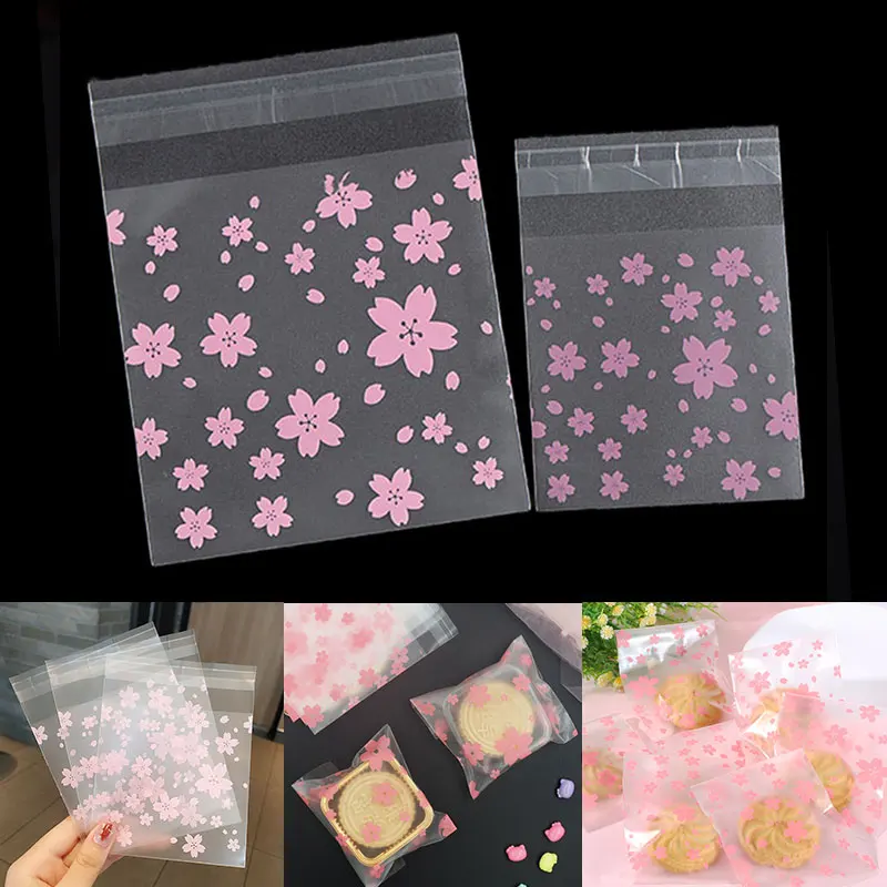 100Pcs/lot Pink Cherry Blossoms Plastic Self-Adhesive Bags For DIY Jewelry Display Bag Wedding Gift Candy &Cookie Package Bags 100 50pcs thank you bags plastic transparent pouches for diy jewelry candy cookie gift self adhesive pouch storage packaging bag