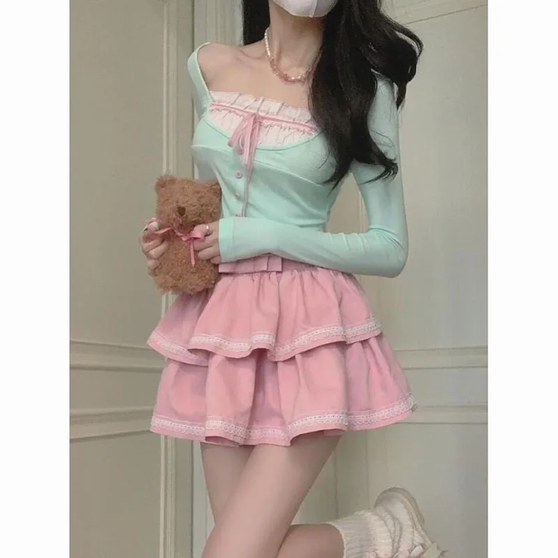 Sweet Lolita Style Skirt 2-Piece Set For Women 2000 Short Knitted High Waist Pink Mini Cake Skirt Retro Clothing Japanese Suit