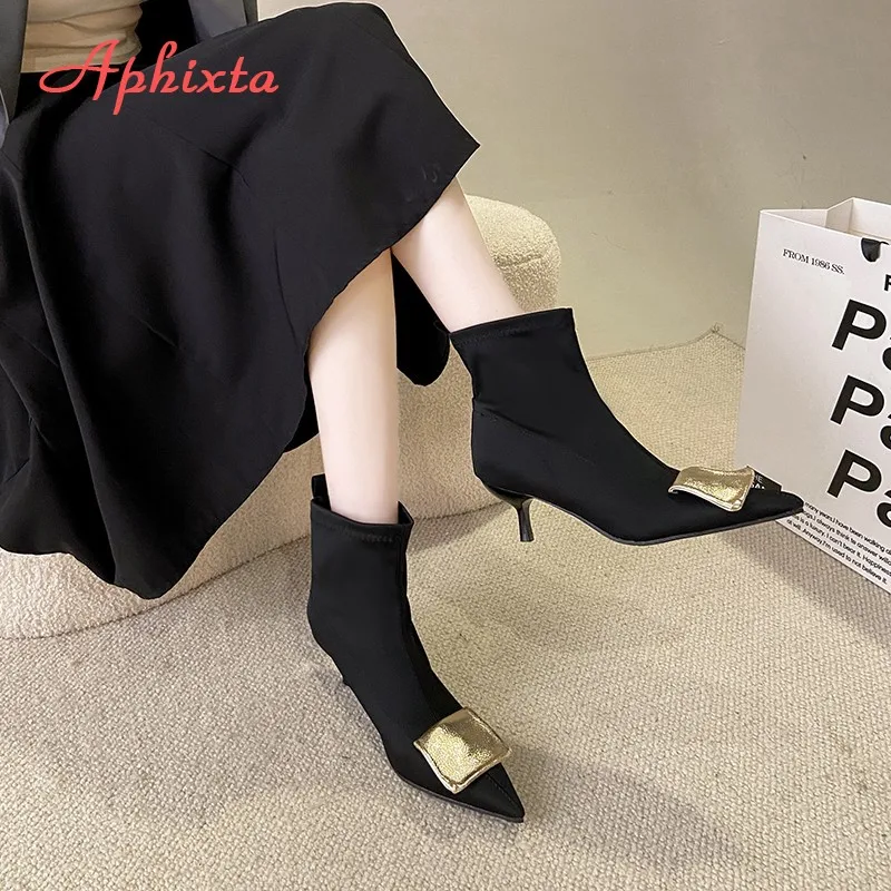 Aphixta 5cm Thin Heels Ankle Boots Elegant Woman Modern Boot Pointed Toe Concise Stretch Fashion Women's High Boots