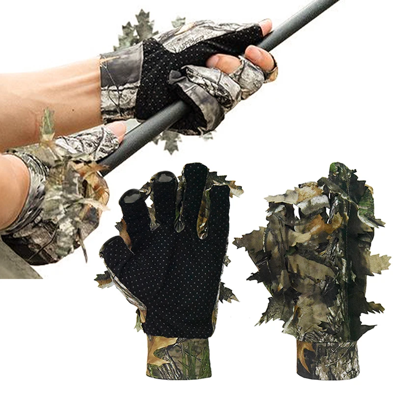 Camouflage Hunting Gloves 3D Leafy Camo Ghillie Gloves Non-Slip Fingerless Bionic for Outdoor Hunting Fishing Photography