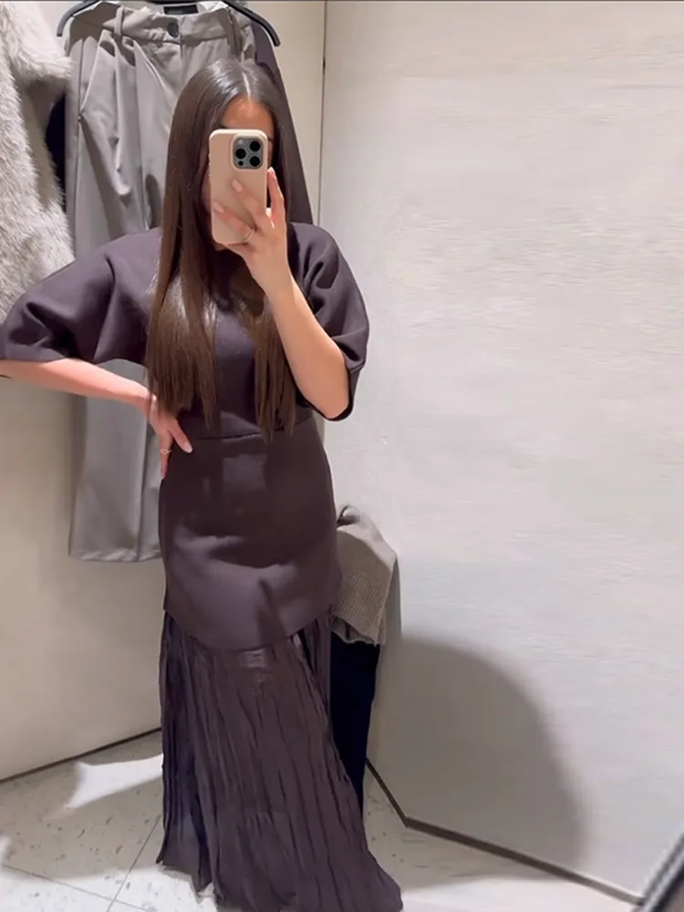 Elegant Patchwork Pleated Long Dress Women Brown O-neck Half Sleeve Slim Dresses Female 2025 Spring Summer Lady High Street Robe 5