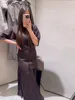 Elegant Patchwork Pleated Long Dress Women Brown O-neck Half Sleeve Slim Dresses Female 2025 Spring Summer Lady High Street Robe 5