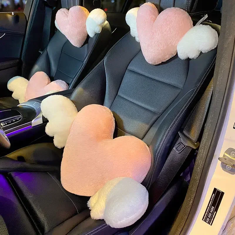 Love Wings Heart-Shaped Plush Car Headrest Neck Pillow Soft Cute Kawaii Car Seat Accessory - Unique Auto Interior Cushion