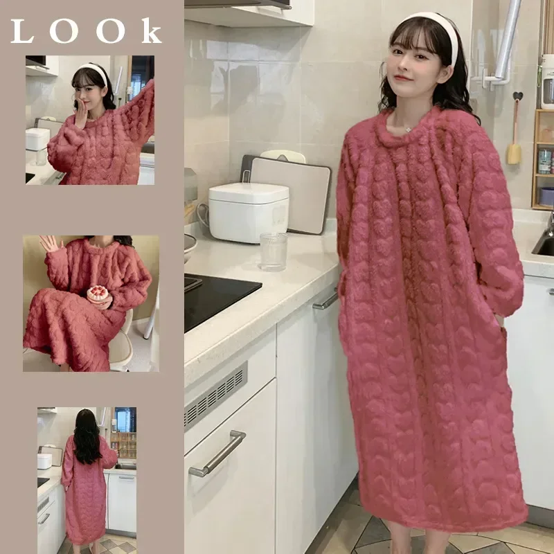

New Jacquard Warm Long Women Flannel Size Winter Dress Nightgowns Color Sleepwear Plus Solid Fancy Night Nightdress 2023