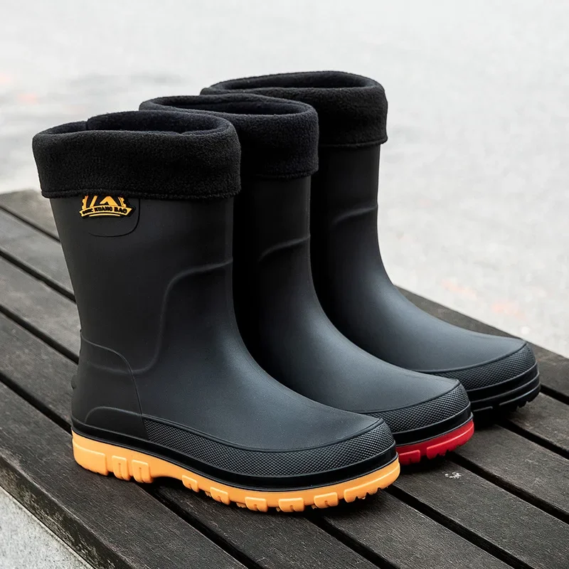 Bottes de pluie courtes PVC homme imperméables hiver antidérapantes avec doublure coton