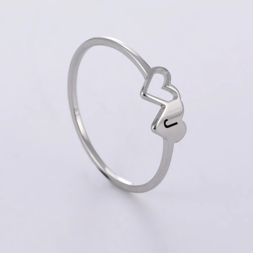 Kkjoy Simple Stainless Steel Double Hearts Initial Letter Rings For Women A-Z Alphabet Lover Ring Valentine's Day jewelry Gift 4