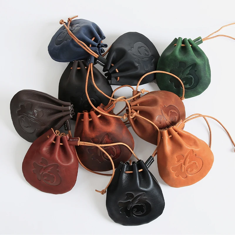 Genuine Leather Coin Purse Men Women Vintage Cowhide Leather Small Coin Wallet Money Pocket Drawstring Storage Bag