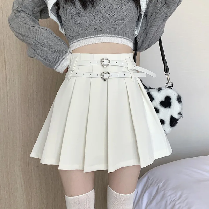 

Skirts for Women Pleated White Skirt Suit Office Lady Mini Sashes Korean Fashion Clothing Autumn 2023 New High Waist