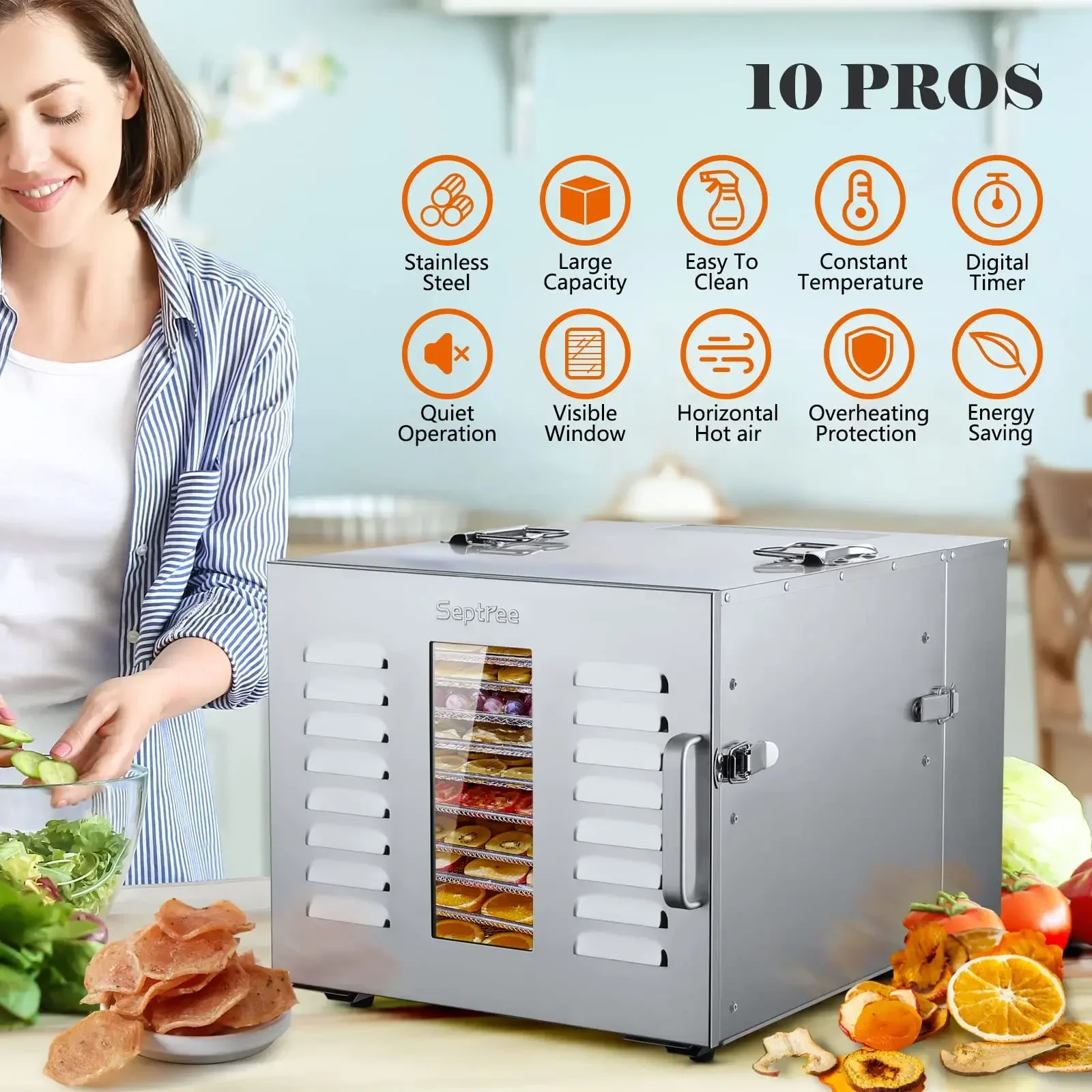 Septree-Detachable Large Food Dehydrator for Jerky, 1000W, Full Stainless Steel Dryer Machine, 10 Trays, Use Area up to 17ft &sup2;