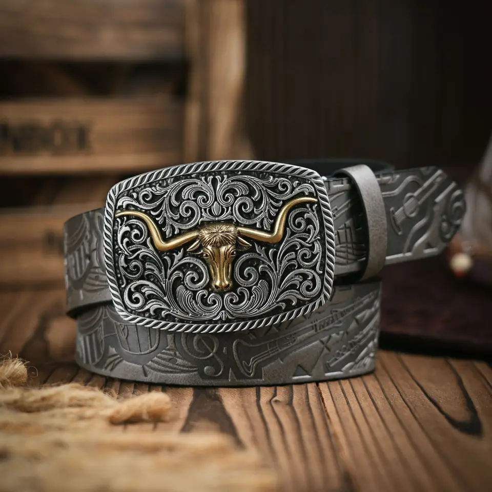 Cinto Cowboy Masculino TRIWORKS - Couro Ocidental Com Fivela Floral Removível