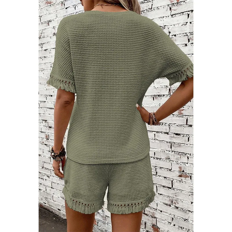 Women Summer New Solid Color Simplicity Round Neck Short Sleeved Tops Elastic Waist All-match Tassels Comfortable Two Piece Set