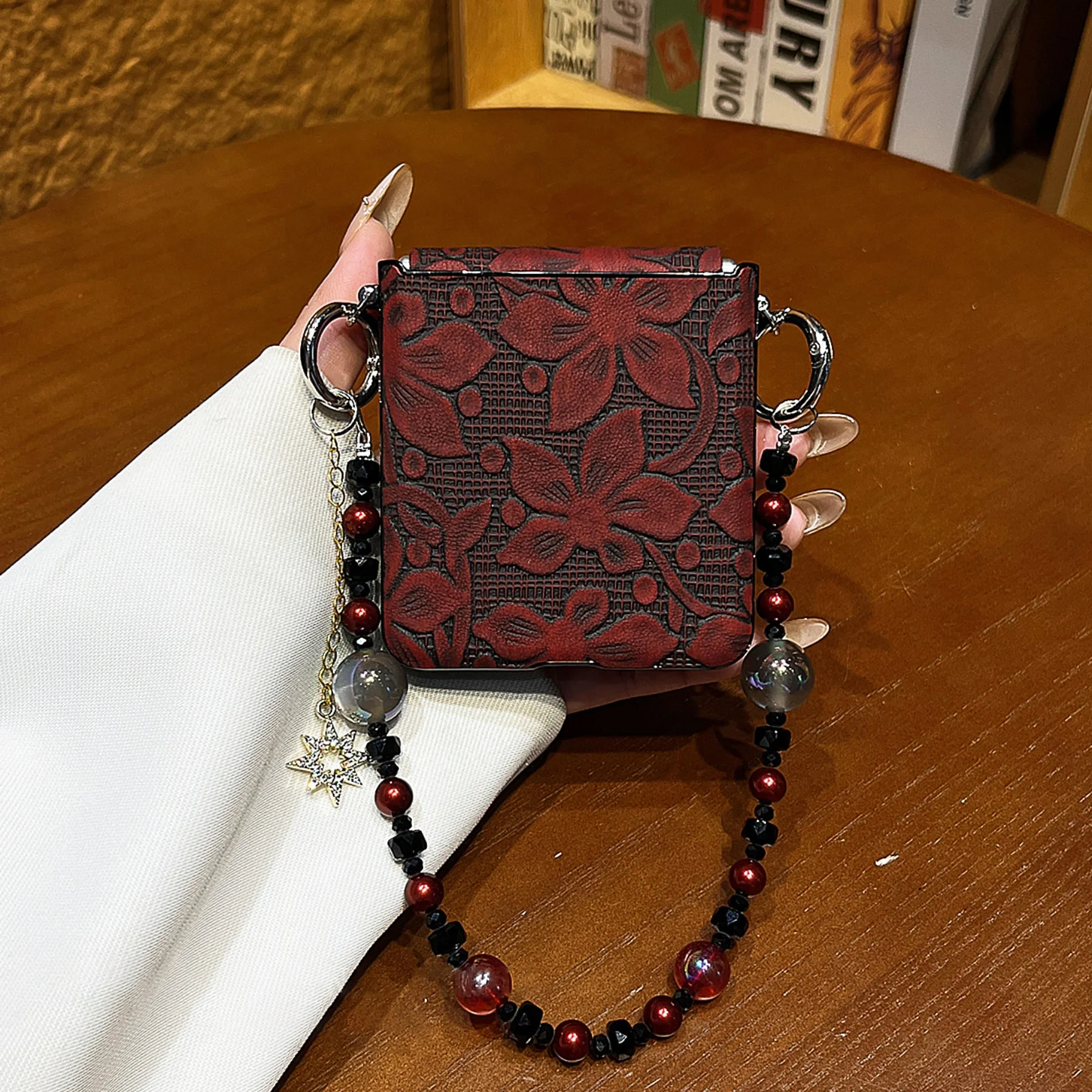 Luxury Dark Red Flower Tassel Crystal Bow Bracelet Phone Case - Stylish Back Cover