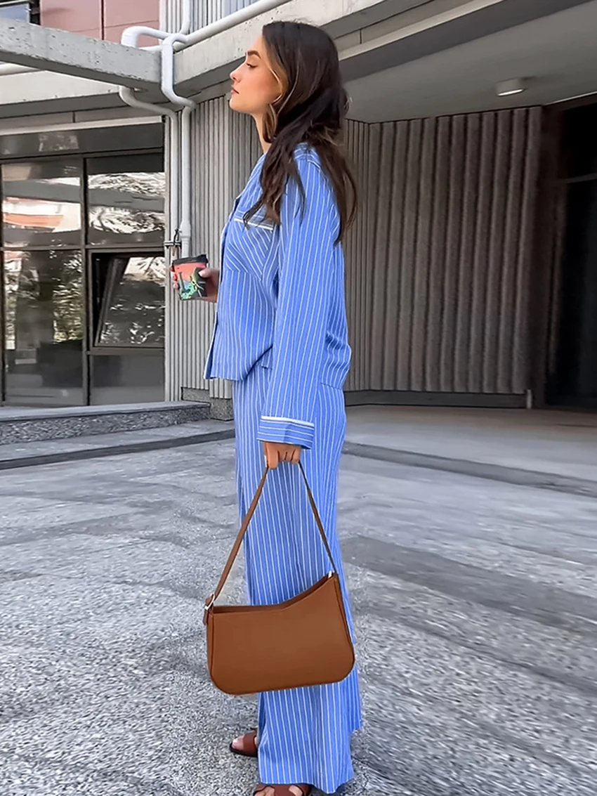 Marthaqiqi Striped Ladies Sleepwear Suit Long Sleeve Nightwear Sexy Turn-Down Collar Pajamas Pants Casual Home Clothes For Women