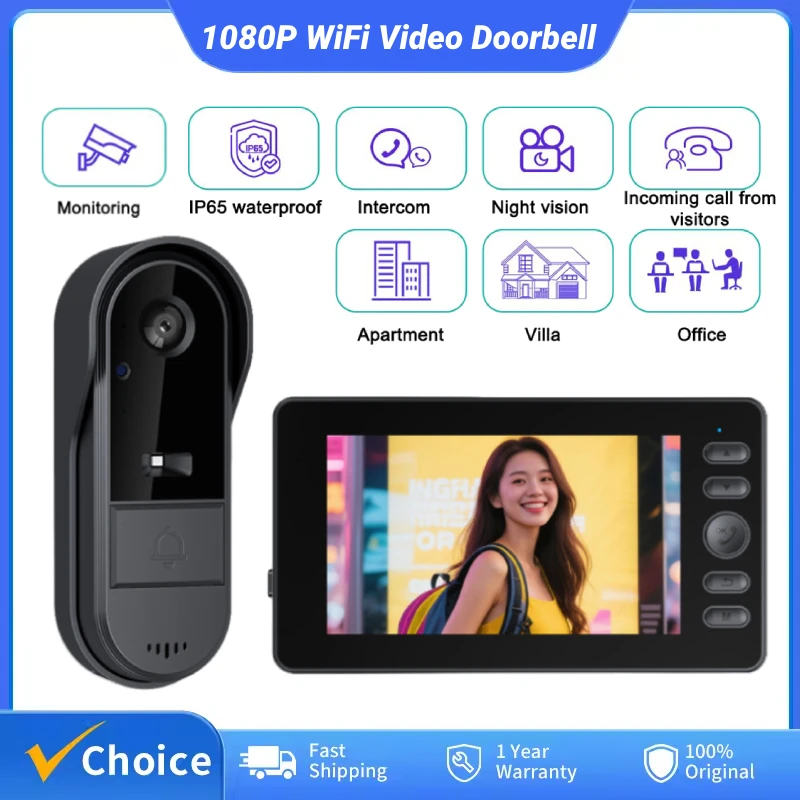 M15C Wireless Video Doorbell 1080P HD Infrared Night Vision Camera Doorbell 4.3-inch Screen Waterproof Doorbell For Home/Office