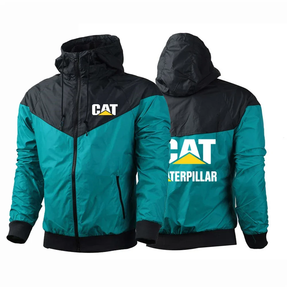 

2023 Spring Autumn New CAT Caterpillar Logo Print Solid Color Patchwork Zip Hooded Sunscreen Mesh Lining Thin Windbreaker Jacket