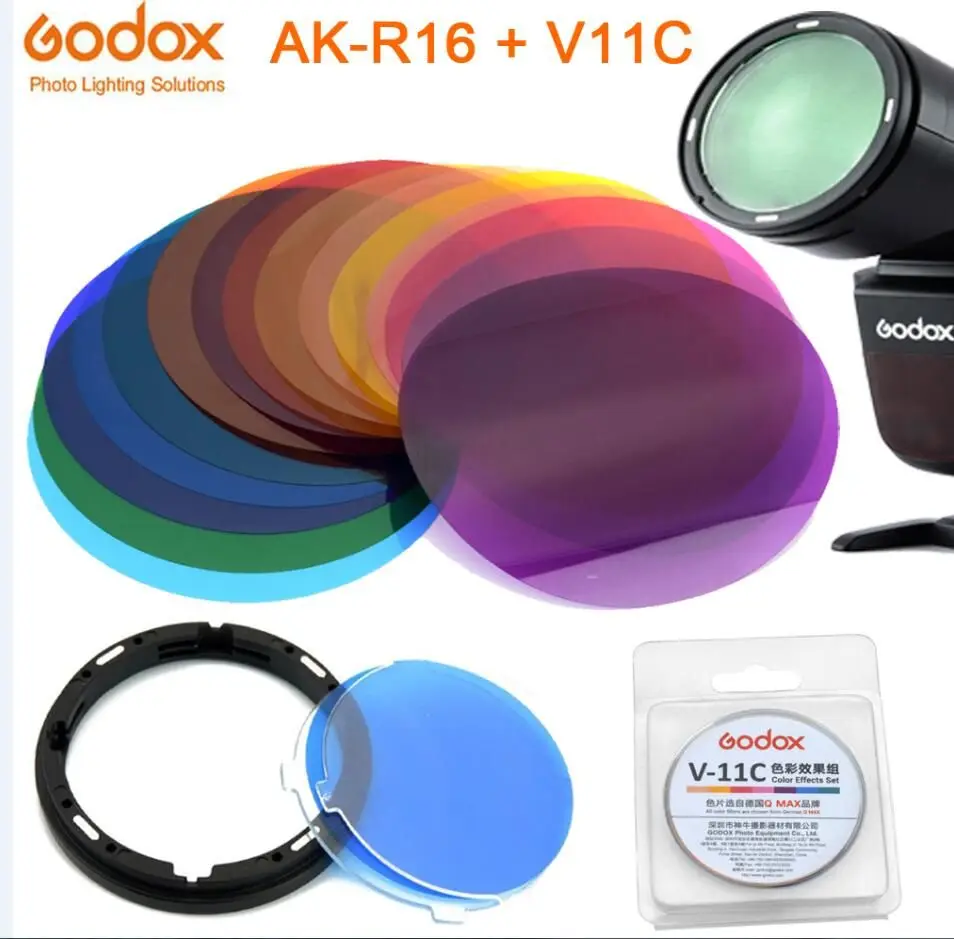 Godox AK-R16 Magnetic Mount Diffuser Plate with V-11C / V-11T Color Effect Gel Set for Godox V1 Series Flash Light Speedlite reflector diffuser lamp shade photography light adapter camera accessories