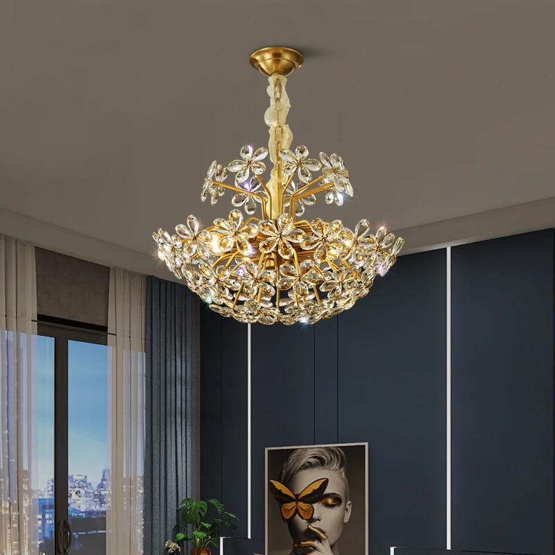 

Light Luxury All Copper Crystal Chandelier Living Dining Room Bedroom Pendant Lamp Home Decor Hanging Light