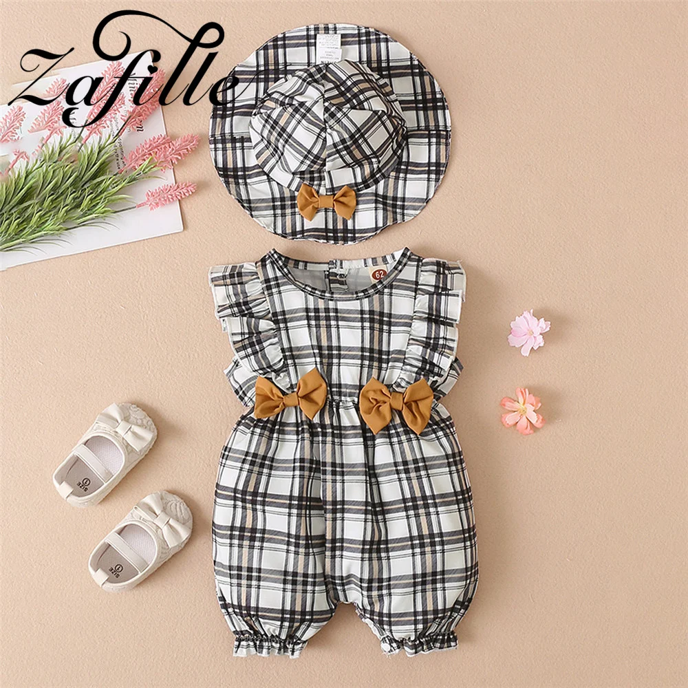 ZAFILLE  2Pcs Plaid Baby Girls Rompers With Hat Sleeveless Bowknot Newborn Jumpsuit For Kids Girls Clothing Summer Baby Outfits Baby Bodysuits for girl 