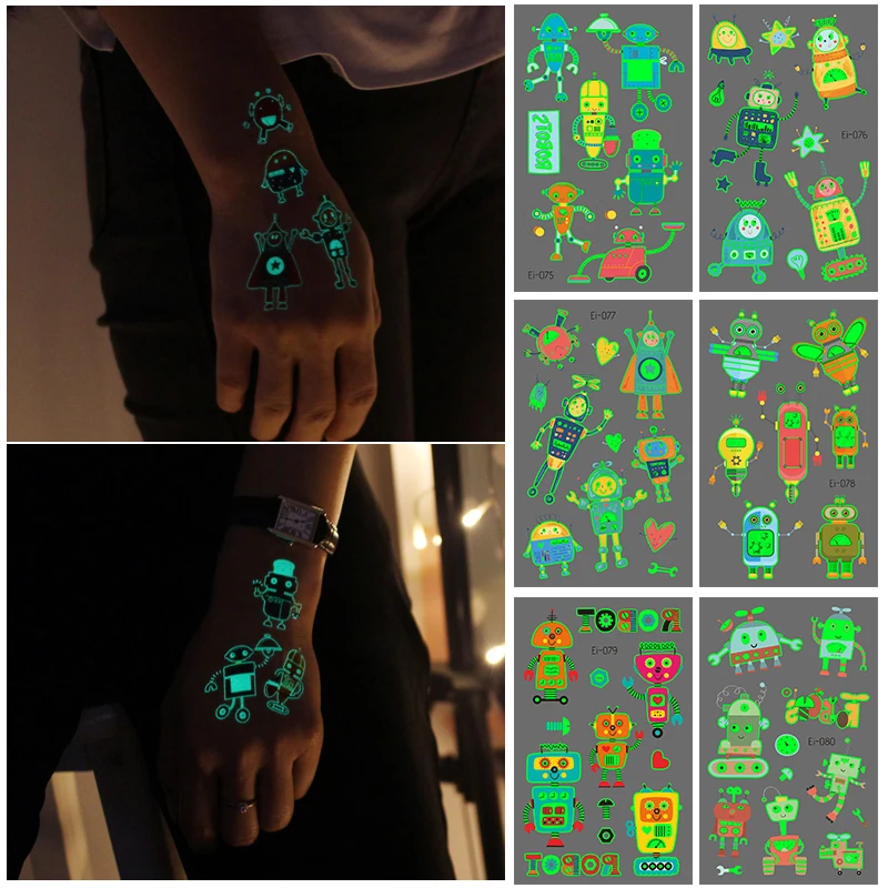VeeCharm-Cartoon Robot Temporary Tattoo Stickers for Kids, Glow in The Dark, Party Supplies, Gifts, Fake Tattoos, 1/12 Sheet