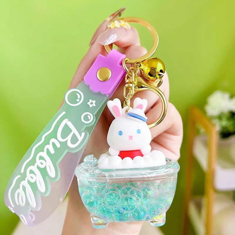 Exquisite Floating Bathtub Bottle Keyring Liquid Quicksand Rabbit