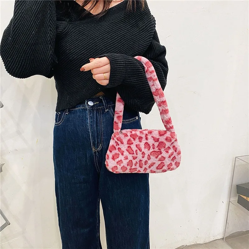 Women Cow Print Mini Shoulder Bags Female Winter Plush Underarm Bags Leopard Zebra Pattern Fluffy Tote Small Purses Shoulder Bag Ladies Handbag Underarm Bag