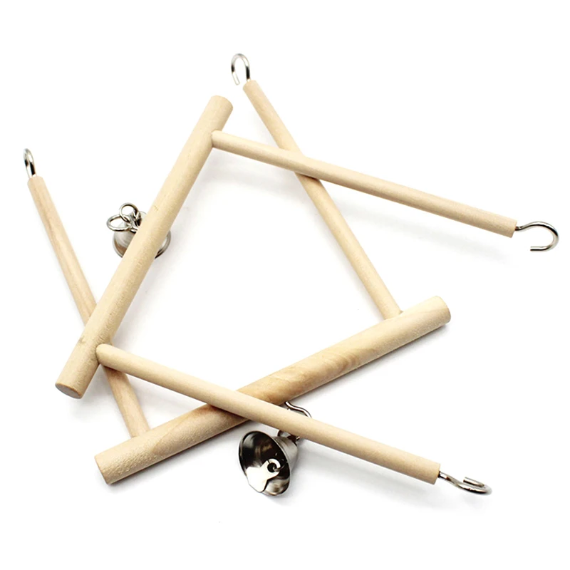 Birds Perch Parrot Play Toys Stand Holder natural Wooden Swing Bell Cage Hanging 3