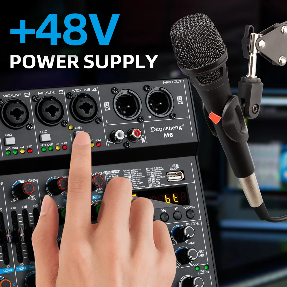 Depusheng M6 6-kanaals DJ-mixer, draagbaar, bluetooth, MP3, audio-mengpaneel, geïntegreerde 256 digitale effecten, USB-interface voor computeropname, live streaming, podcasting, karaoke Depusheng M6 6-kanaals DJ-mixer, draagbaar, bluetooth, MP3, audio-mengpaneel, geïntegreerde 256 digitale effecten, USB-interface voor computeropname, live streaming, podcasting, karaoke
