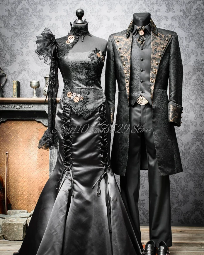 Medieval Black Gothic Wedding Dress Classic Gothic Steampunk Embroidered  Appliqud A-Line Fishtail Ruffle Customised - AliExpress 320