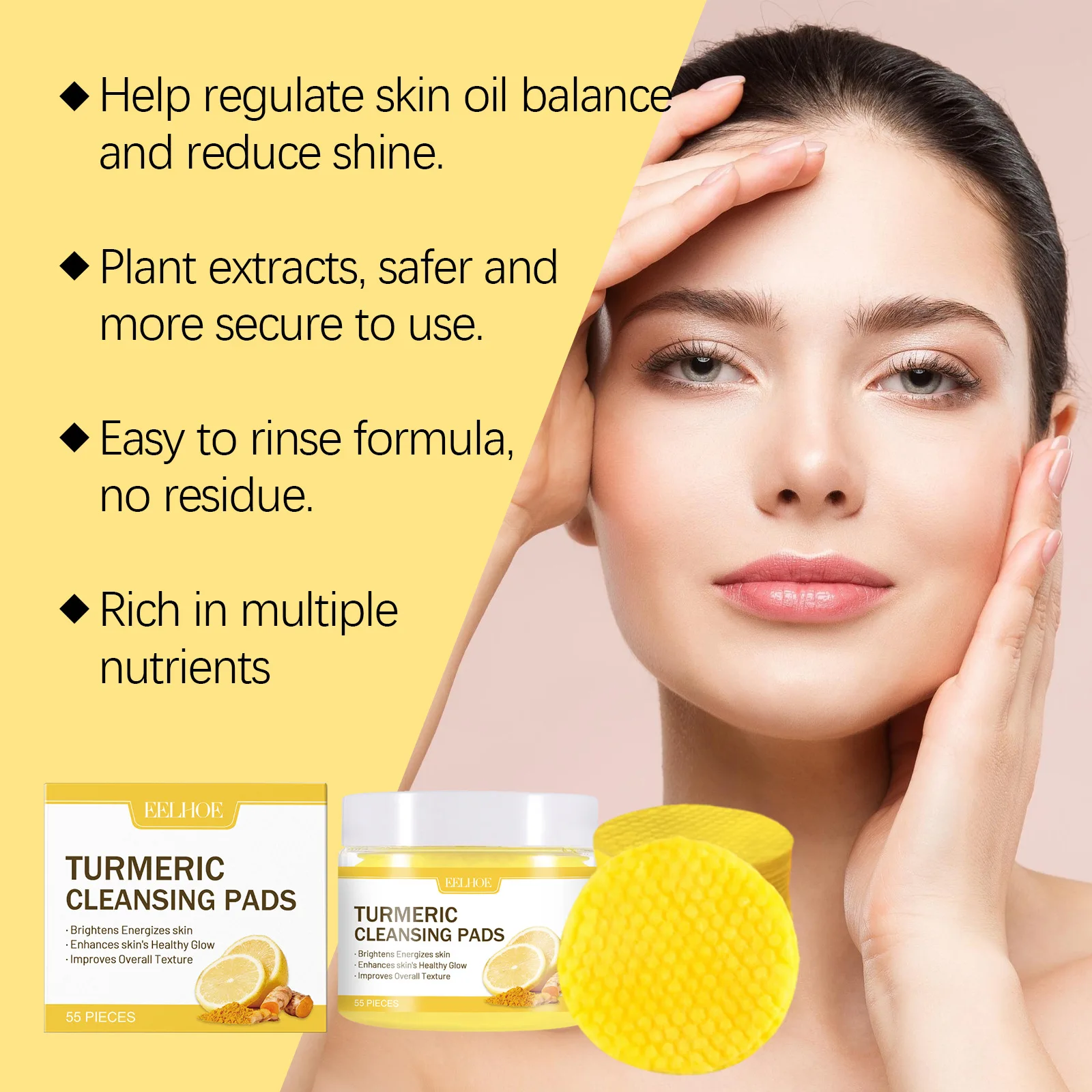 55pieces Turmeric Kojic Acid Pads Moisturizing Facial Cleansing Sponges Oil Control Face Care Products Disposable Cleaning Pad 3