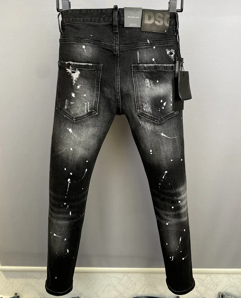 ICON BRAND D2 Men Jeans Denim Pants Hole Slim Pencil Trousers Metal Buttons Party Classics Fashionable Black DSQ2 JENAS 2