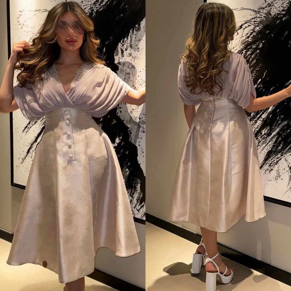 

Prom Dress Evening Satin Applique Draped Button Pleat Beach A-line V-Neck Bespoke Occasion Gown Midi Dresses Saudi Arabia