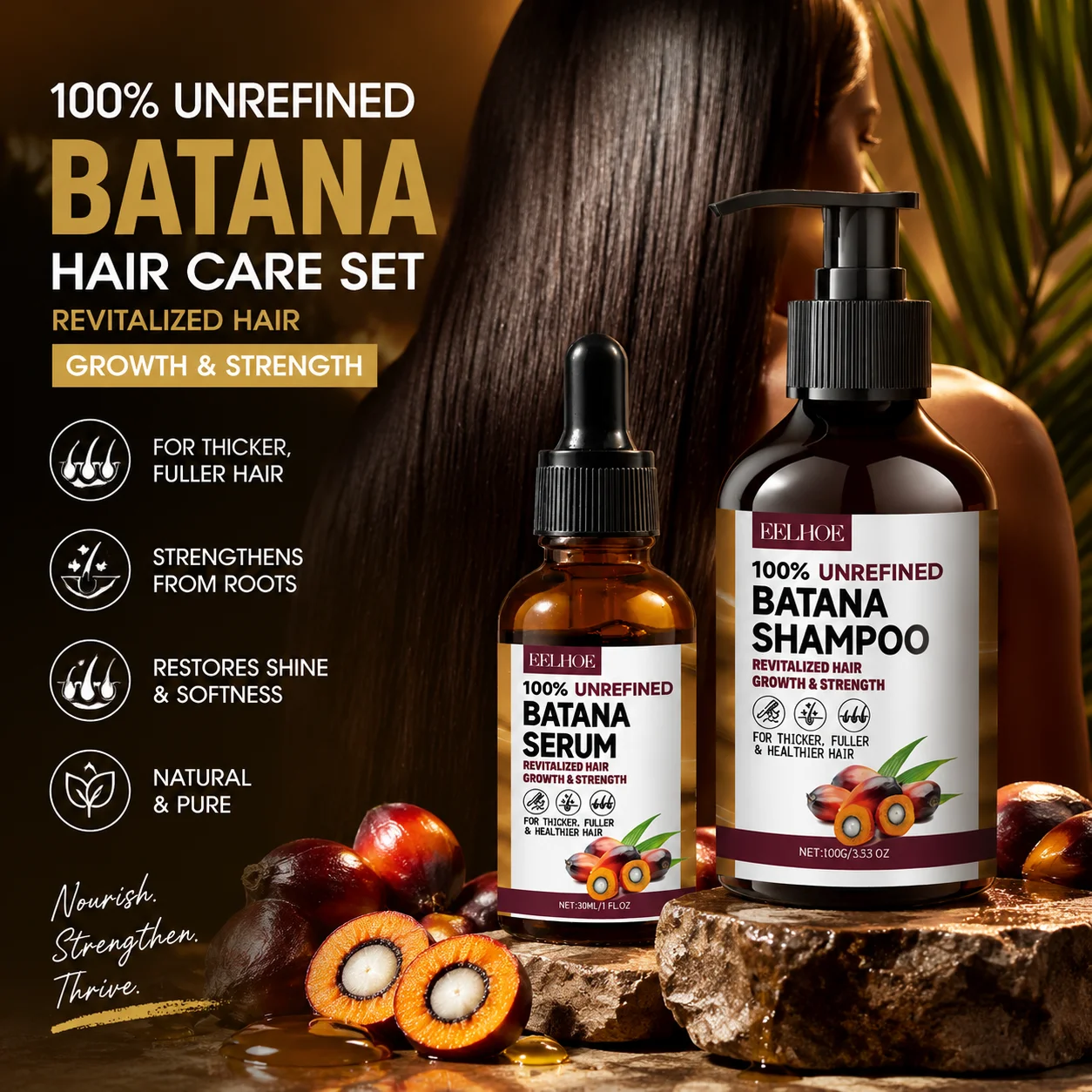 Set per la Cura dei Capelli con Olio di Batana, Shampoo e Siero, Trattamento Idratante per Capelli Secchi e Danneggiati, Soluzione per Capelli Crespi
