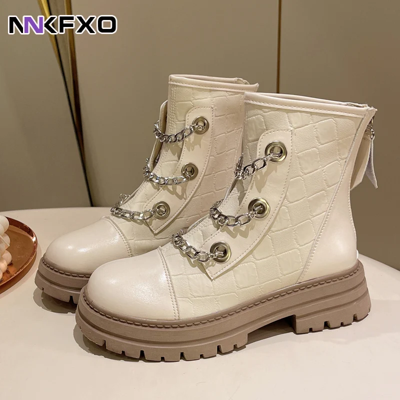 

2023 Autumn Winter Fashion Metal Chain Ankel Boots Thick Soled Round Toe Boots Casual Versatile Rear Zipper Ankel Boots QB101