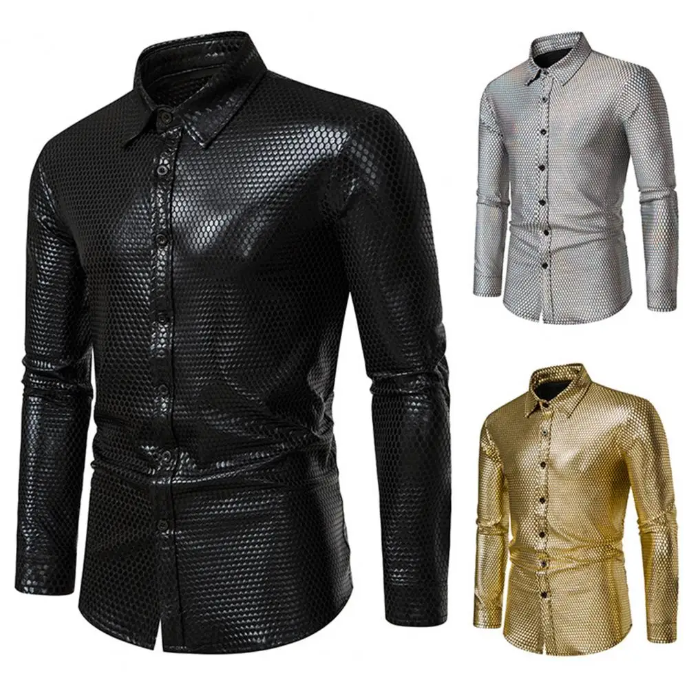 Party Mode Sequin Shirt Sequins Lapel Men's Dress Shirt for Luxury Disco Party Nightclub Christmas Prom Costume Long Sleeve